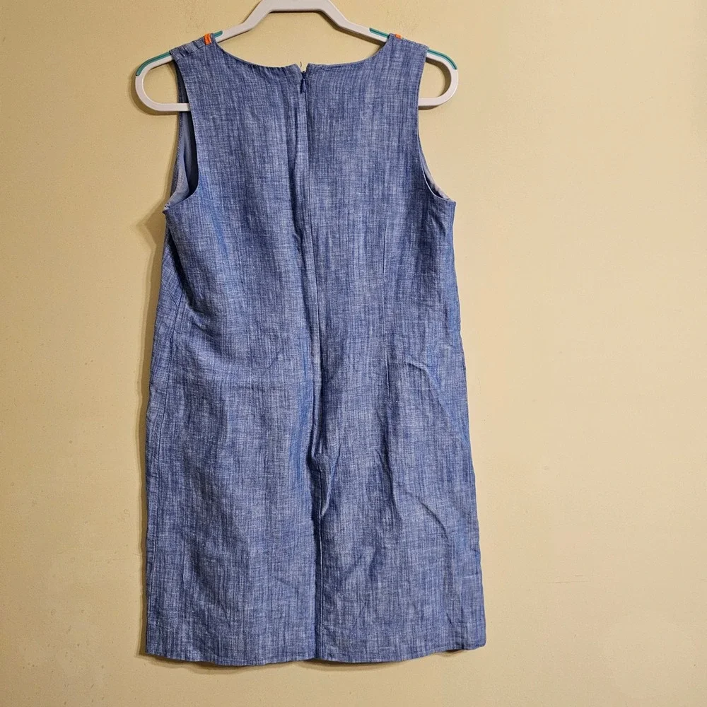 Talbots Shift Dress 6 Blue Linen Cotton Floral Embroidered V-Neck Sleeveless